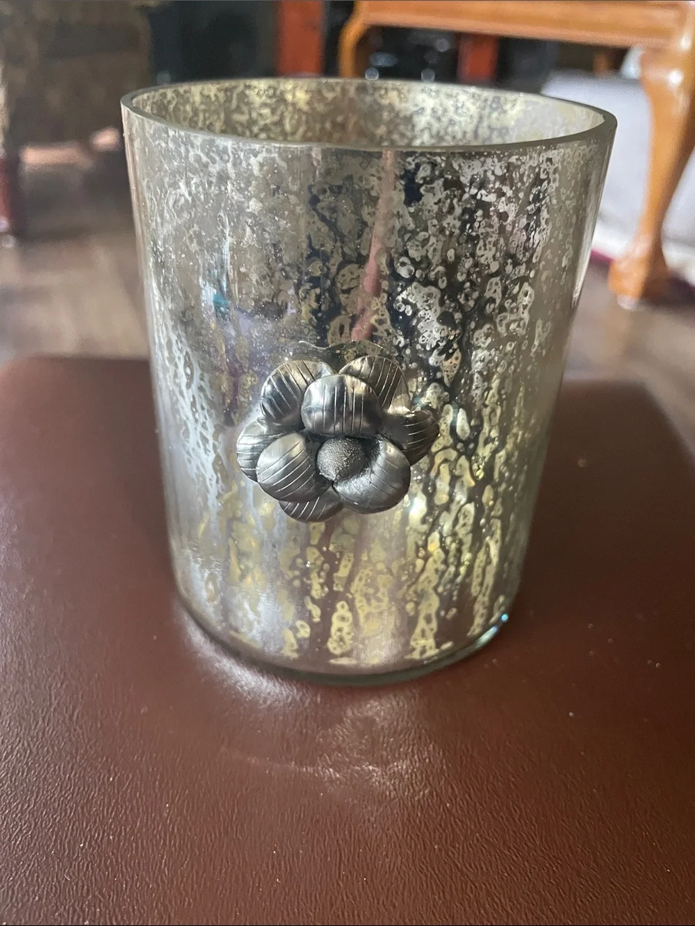Portofino Mercury Glass candle holder with Rose Applique
